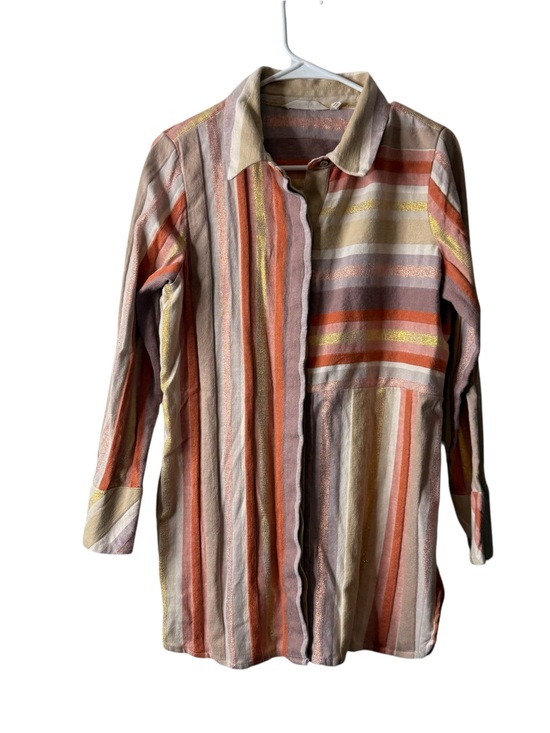 Soft Surroundings Tops - Soft Surroundings Beige Metallic Striped 3/4 Sleeve Blouse